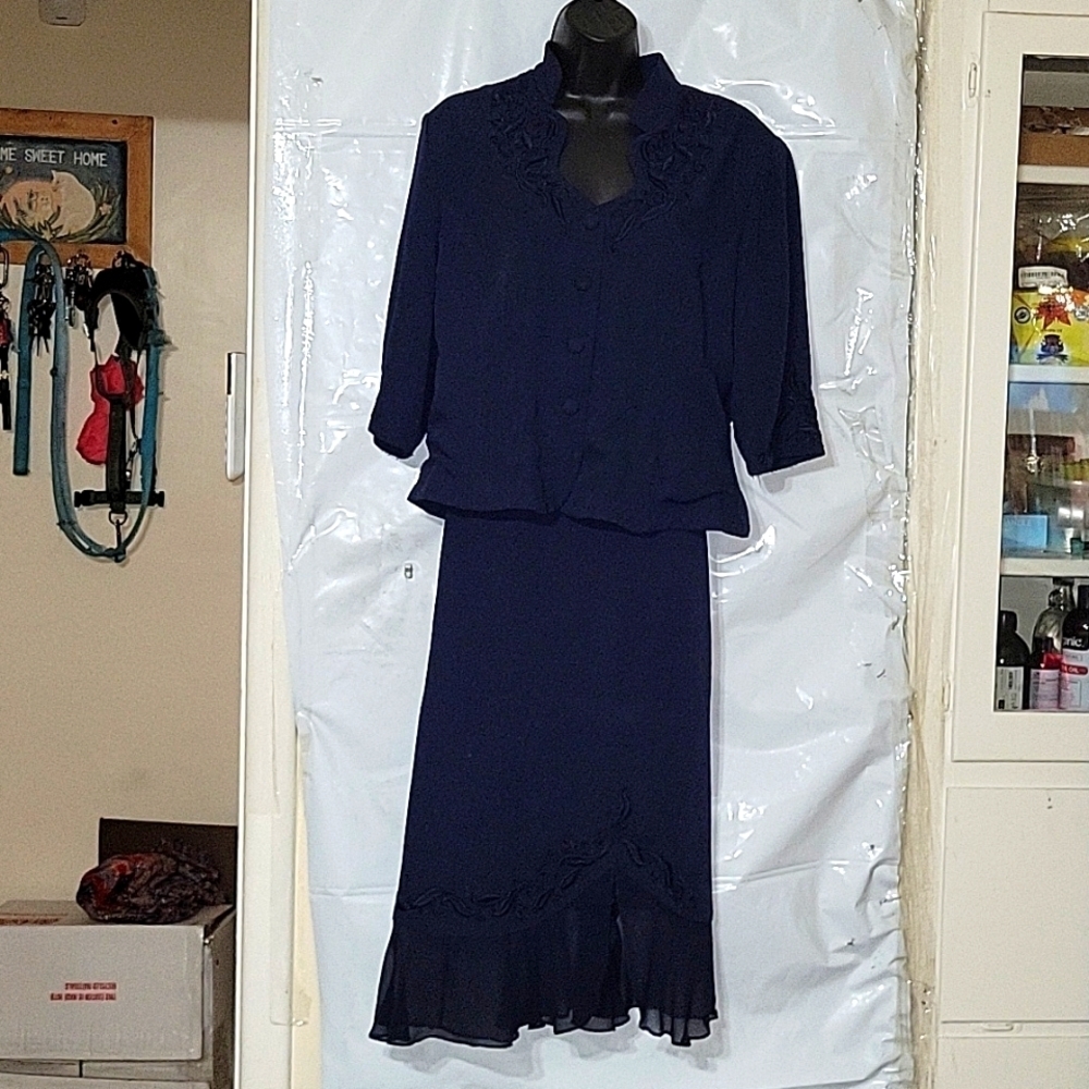 PLAZA SOUTH Dress Suit Set Navy Blue Embellished Party Cocktail‎ Career 14P